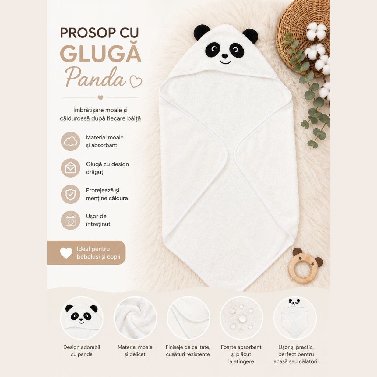 Prosop cu Glugă pentru Copii și Bebeluși Alb – Model Panda, Moale și Absorbant