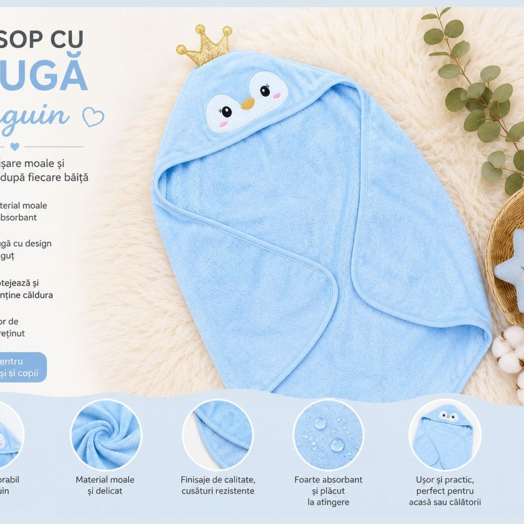 Prosop cu Glugă pentru Copii și Bebeluși Albastru – Model Pinguin, Moale și Absorbant