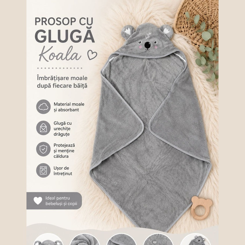 Prosop cu Glugă pentru Copii și Bebeluși Gri – Model Koala, Moale și Absorbant