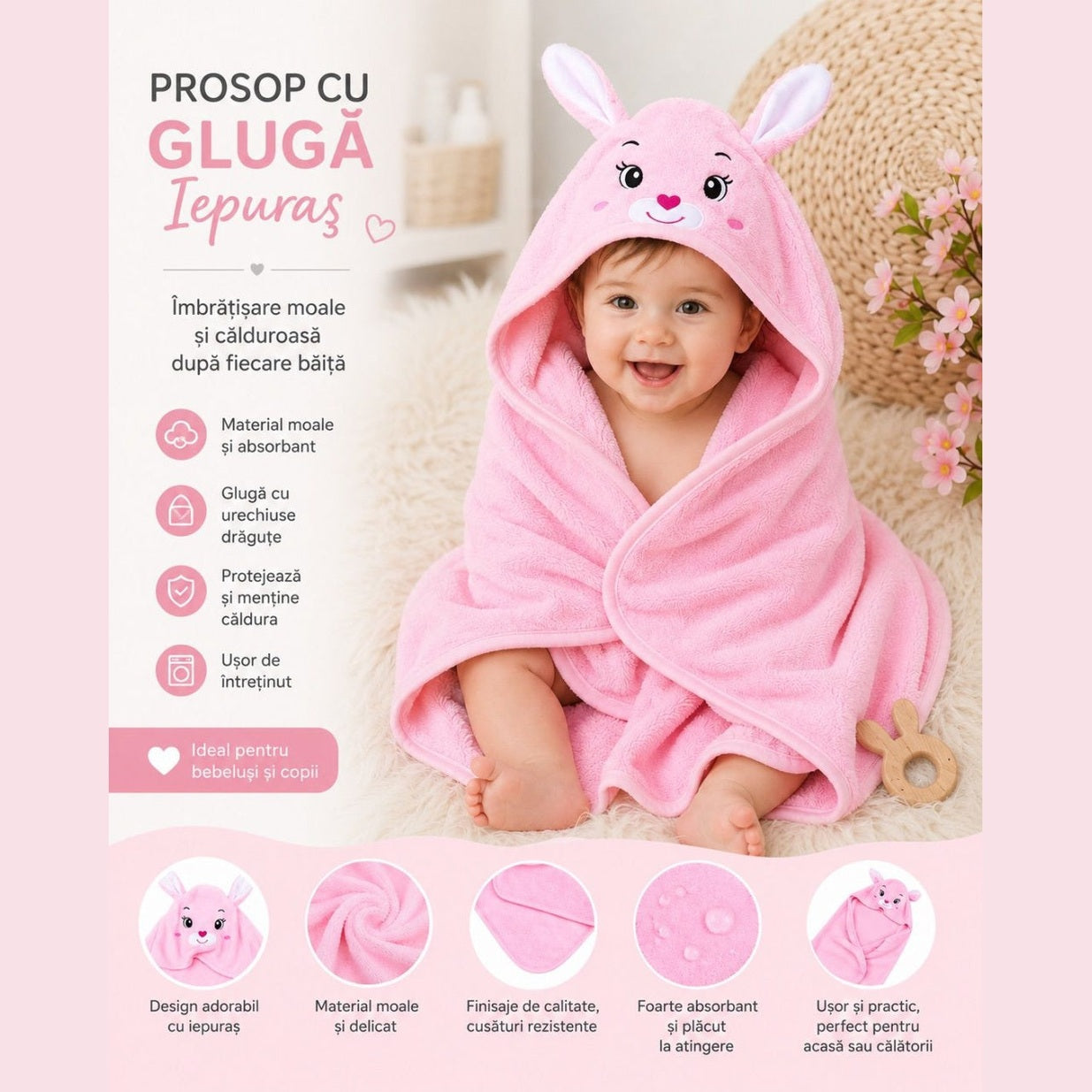 Prosop cu Glugă pentru Copii și Bebeluși Iepuraș Roz – Moale și Absorbant