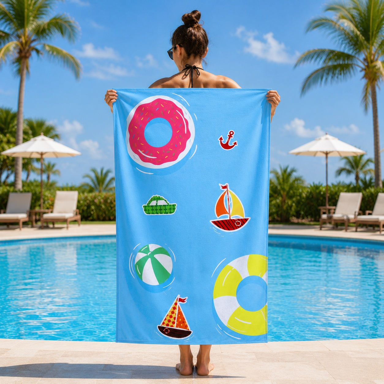 Prosop de plaja cu colace si barcute marine Summer Fun, 70x140 cm