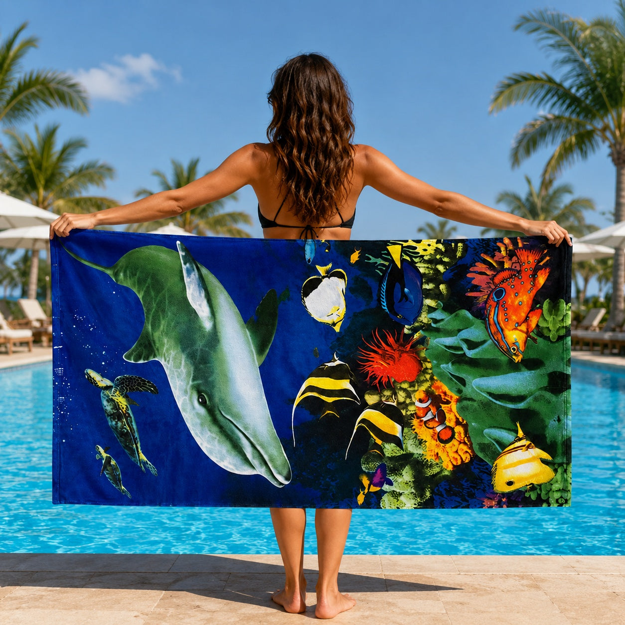 Prosop de plaja cu delfin si pesti tropicali Ocean, 70x140 cm