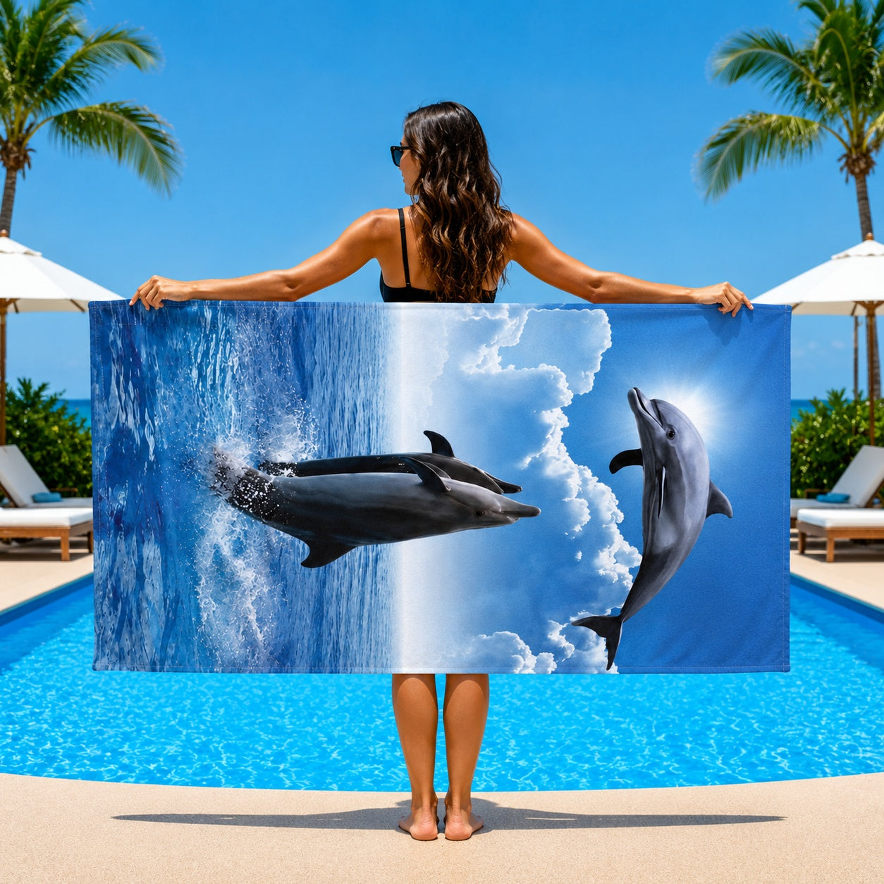 Prosop de Plajă cu Delfini în Ocean 90x170 cm – Prosop Mare din Microfibră cu Design Marin