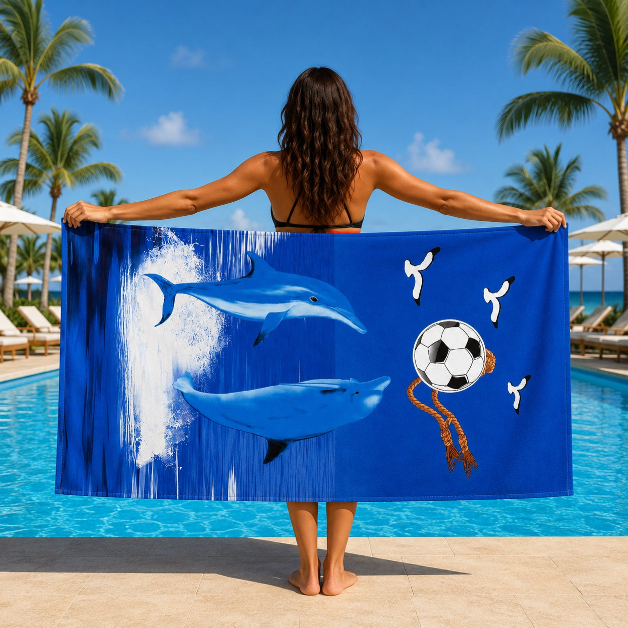 Prosop de plaja cu delfini si minge de fotbal Ocean Fun, 70x140 cm