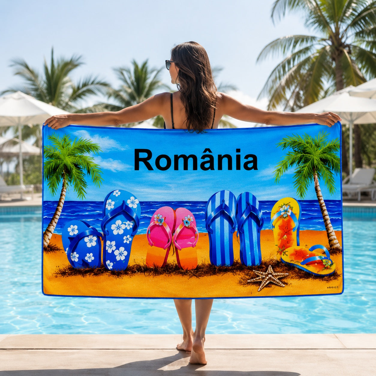 Prosop de plaja cu palmieri si papuci colorati, 70x140 cm