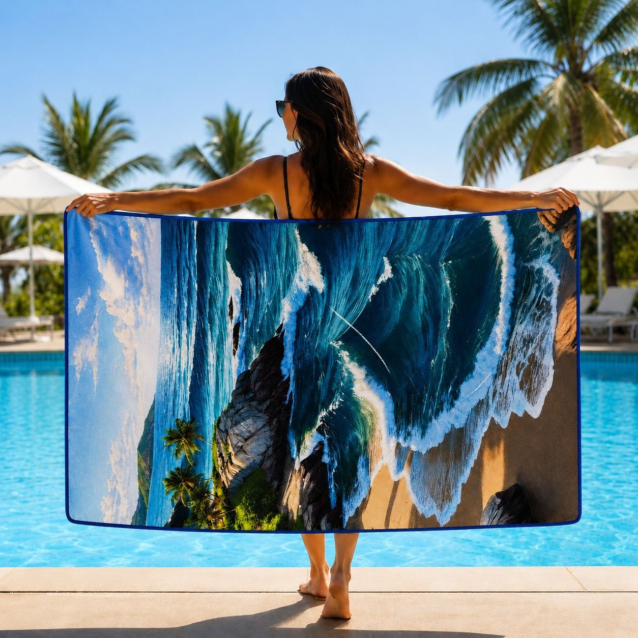Prosop de Plajă cu Peisaj Tropical și Valuri Oceanice 88x180 cm – Design Exotic
