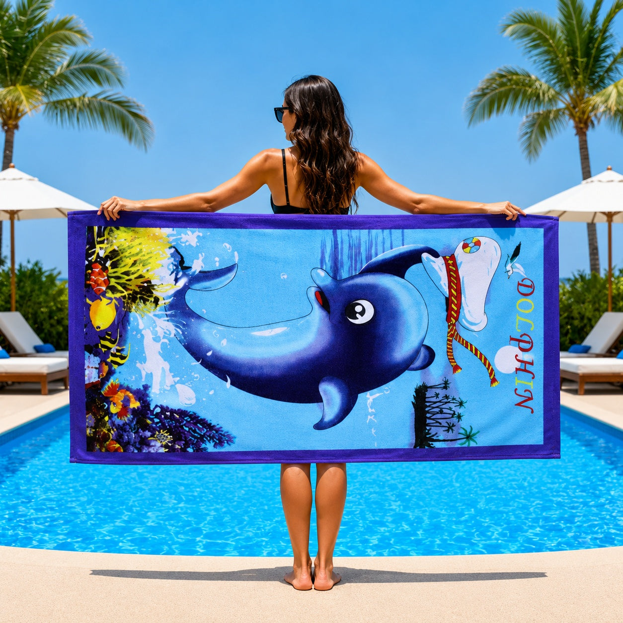 Prosop de Plajă Delfin 70x140 cm – Microfibră Premium cu Delfin și Design Tropical