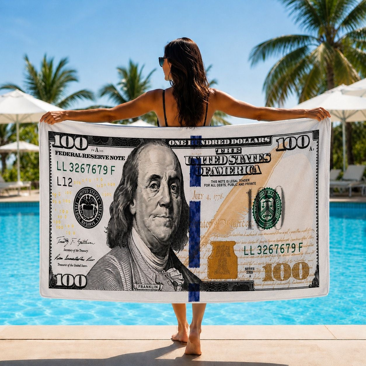 Prosop de Plajă Model Bancnotă 100 Dolari 88x180 cm – Design Original și Modern