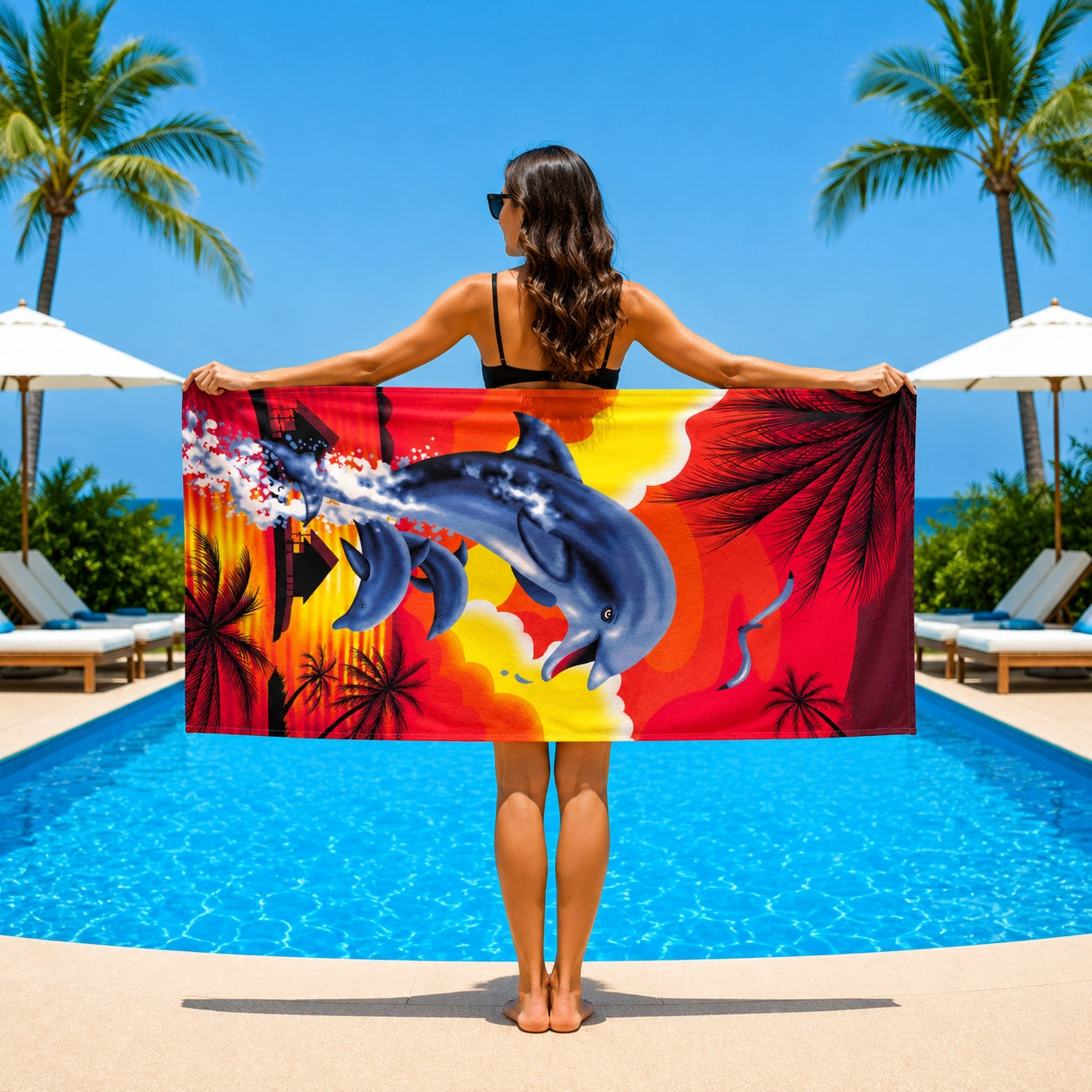 Prosop de Plajă model exotic cu delfini 70x140 cm – Microfibră Premium cu Delfini și Apus Exotic