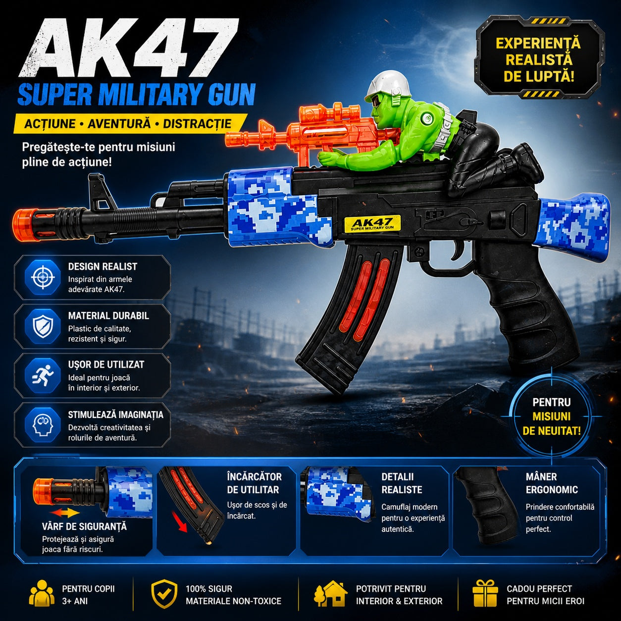 Pușcă de Jucărie AK47 cu Lumini și Sunete, 50 cm – Armă de Jucărie pentru Copii cu Efecte Realiste