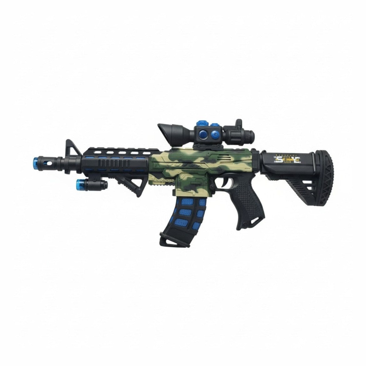 Pusca de jucarie electrica 58 cm ,tip asalt cu luneta, lumini, sunet si vibratii, camuflaj