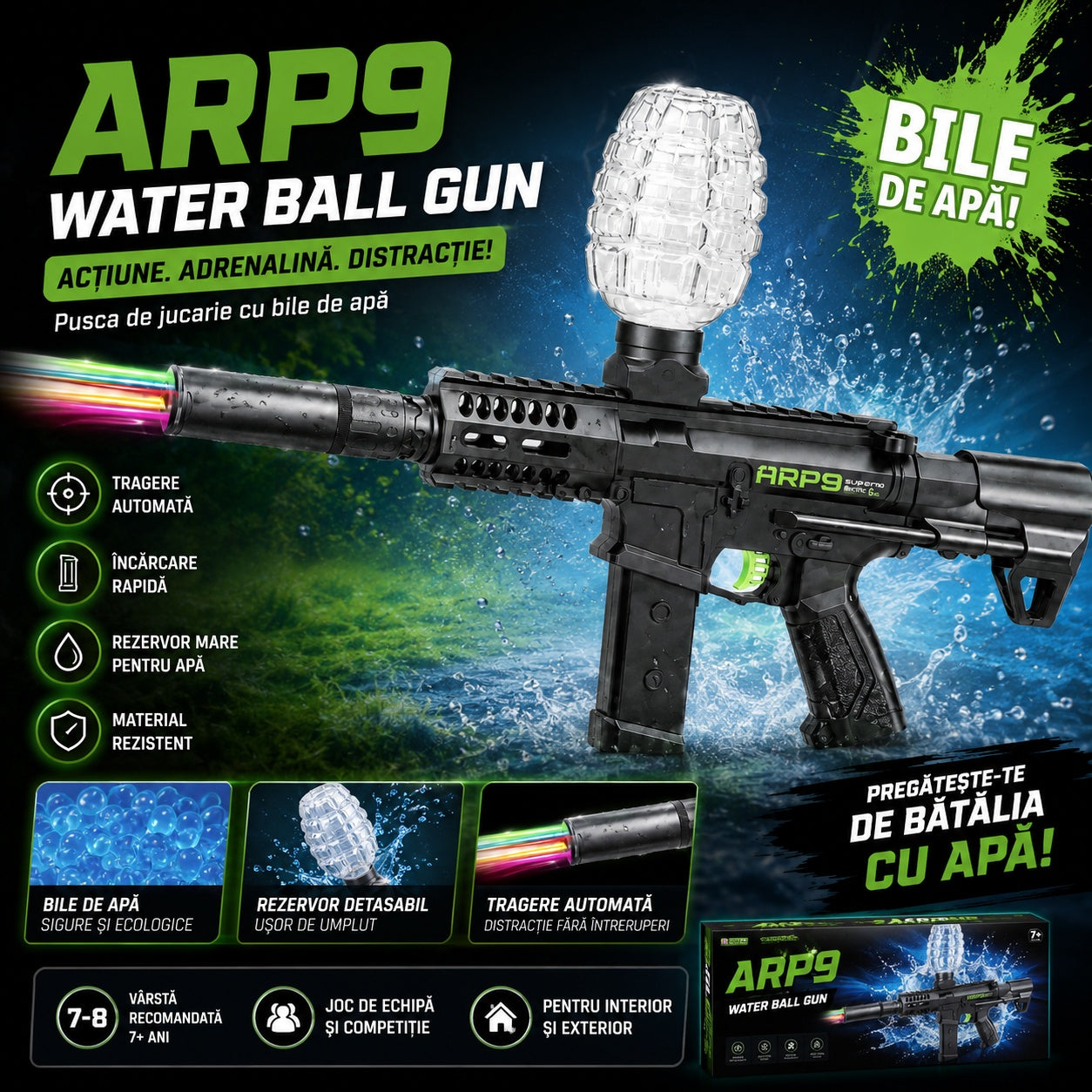 Pusca de Jucărie Electrică ARP9 cu Bile de Apă – 35 cm, Reîncărcabilă, Tragere Automată Rapidă