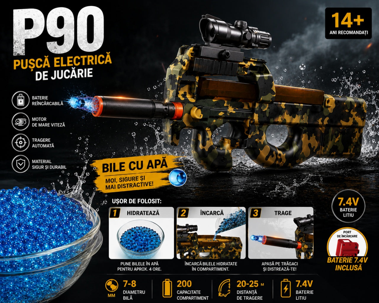 Pușcă de jucarie Electrică cu Bile de Apă P90, 45 cm – Baterie Reîncărcabilă, Ochelari de Protecție Incluși
