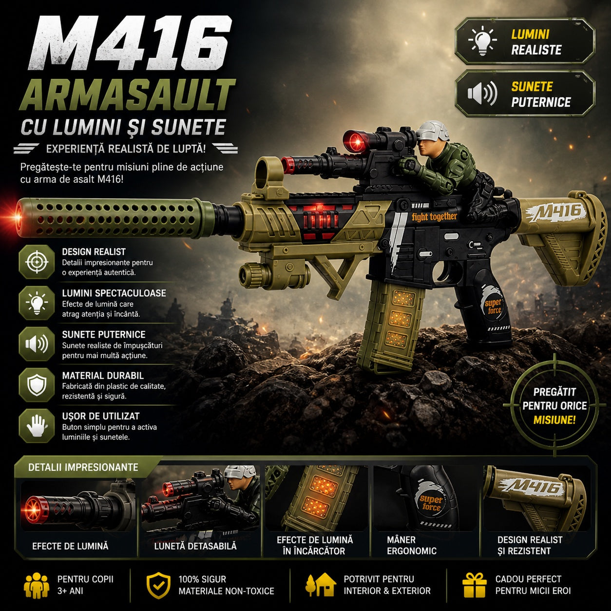 Pușcă de Jucărie M416 cu Lumini și Sunete, 50 cm – Armă de Asalt pentru Copii, Efecte Realiste, 3+ Ani