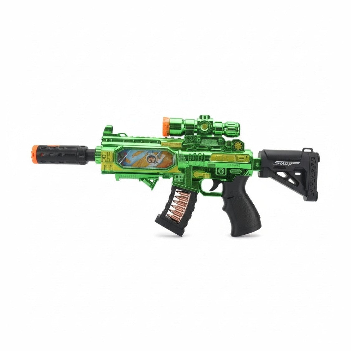 Pusca jucarie electrica, 35.5 cm verde cu luneta, lumini, sunet si efect abur