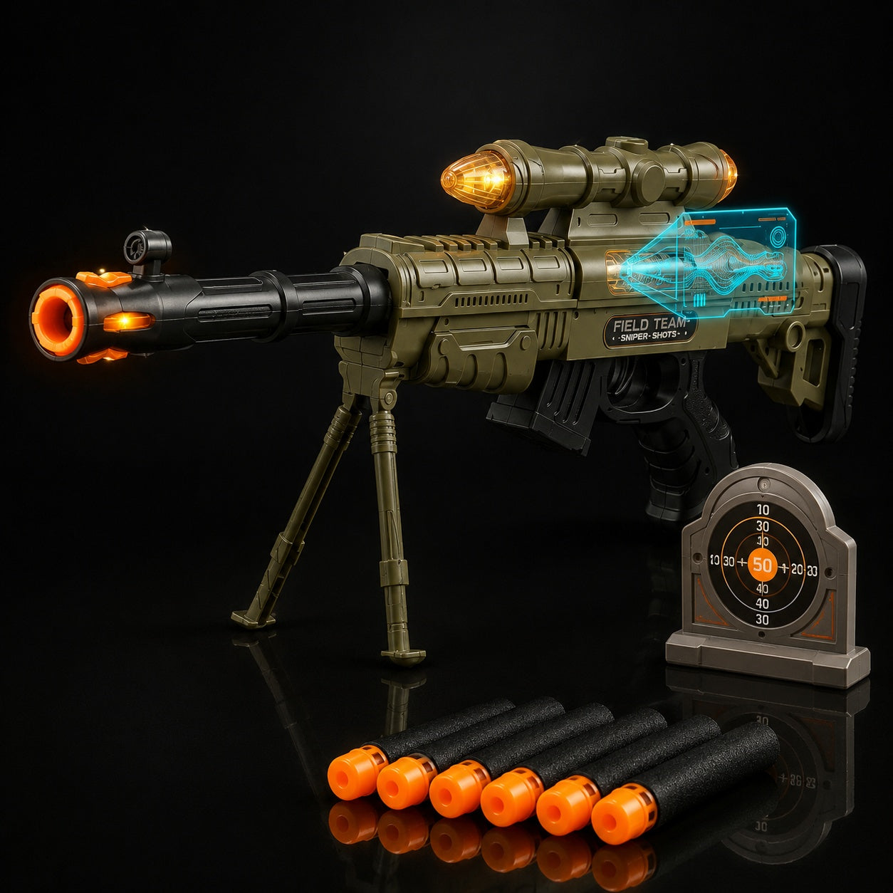 Pusca jucarie electrica cu luneta si bipod , 60 cm, cu lumini si sunet, model sniper