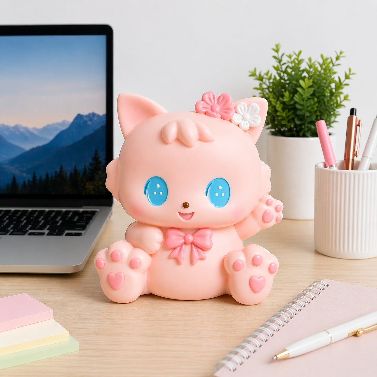 Pușculiță pisică roz 18 cm – cutie economii cu capac inferior