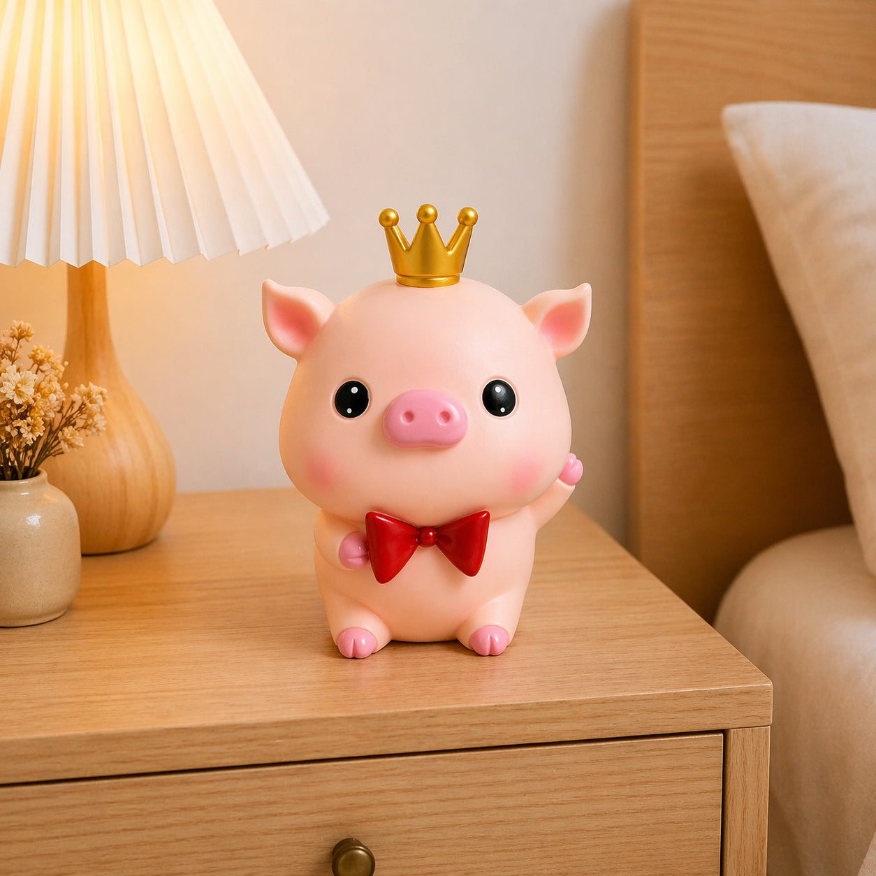 Pușculiță purceluș roz 22 cm cu fundă roșie – cutie economii cu capac inferior