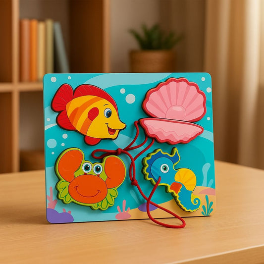 Puzzle din Lemn Educativ pentru Copii , Modele Diverse Fructe si Animale Marine, 19.5x18cm