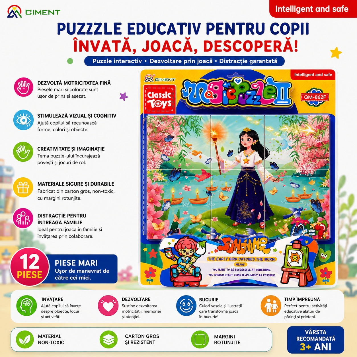 Puzzle educativ copii cu printesa si peisaj magic, dezvoltare logica si creativitate 40x30 cm