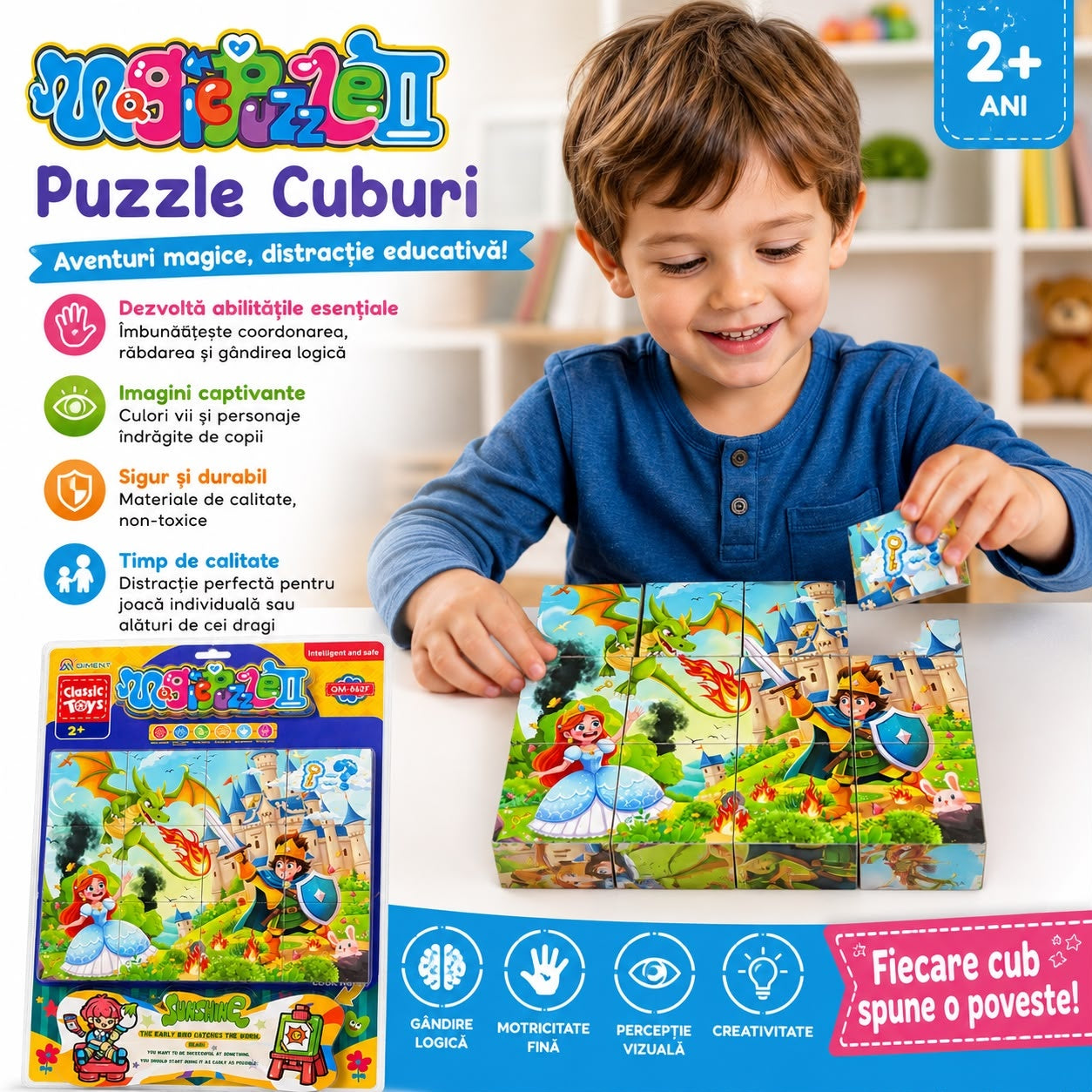 Puzzle Educativ cu Cuburi 40x30 cm – Model Prințesă și Dragon, Jucărie Montessori pentru Copii 2+ Ani