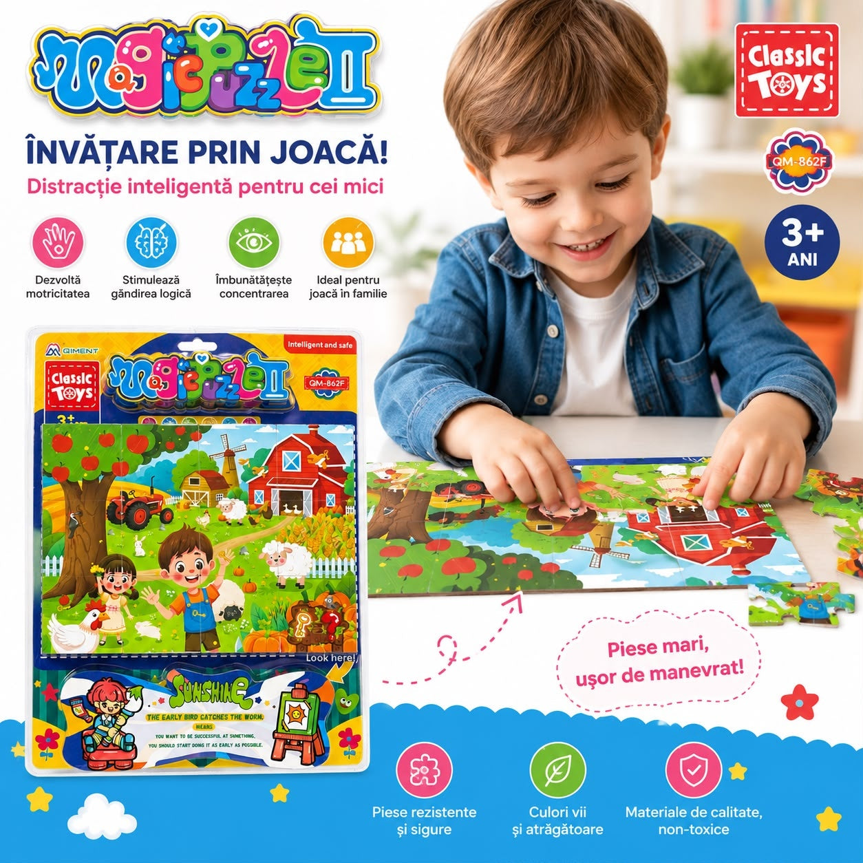 Puzzle Educativ pentru Copii 40x30 cm, Joc de Dezvoltare Logică și Motricitate, 3+ Ani
