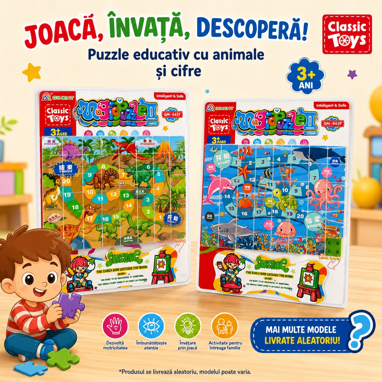 Puzzle Educativ pentru Copii 40x30 cm, Modele Diverse cu Animale și Cifre