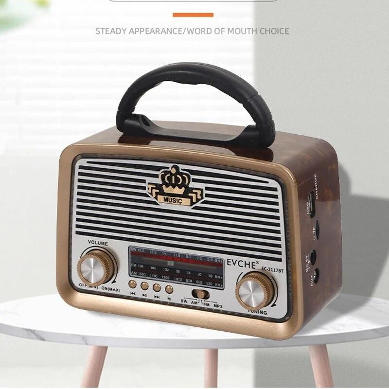 Radio portabil retro Bluetooth cu panou solar, FM/AM/SW, MP3, imitatie mahon