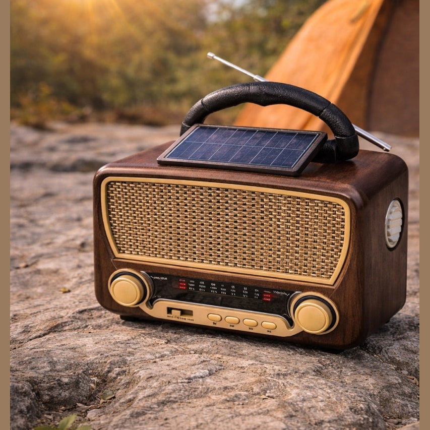 Radio portabil retro cu panou solar, Bluetooth, USB, FM/AM, acumulator reincarcabil