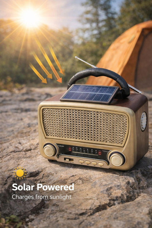 Radio portabil retro cu panou solar, Bluetooth, USB, FM/AM, acumulator reincarcabil