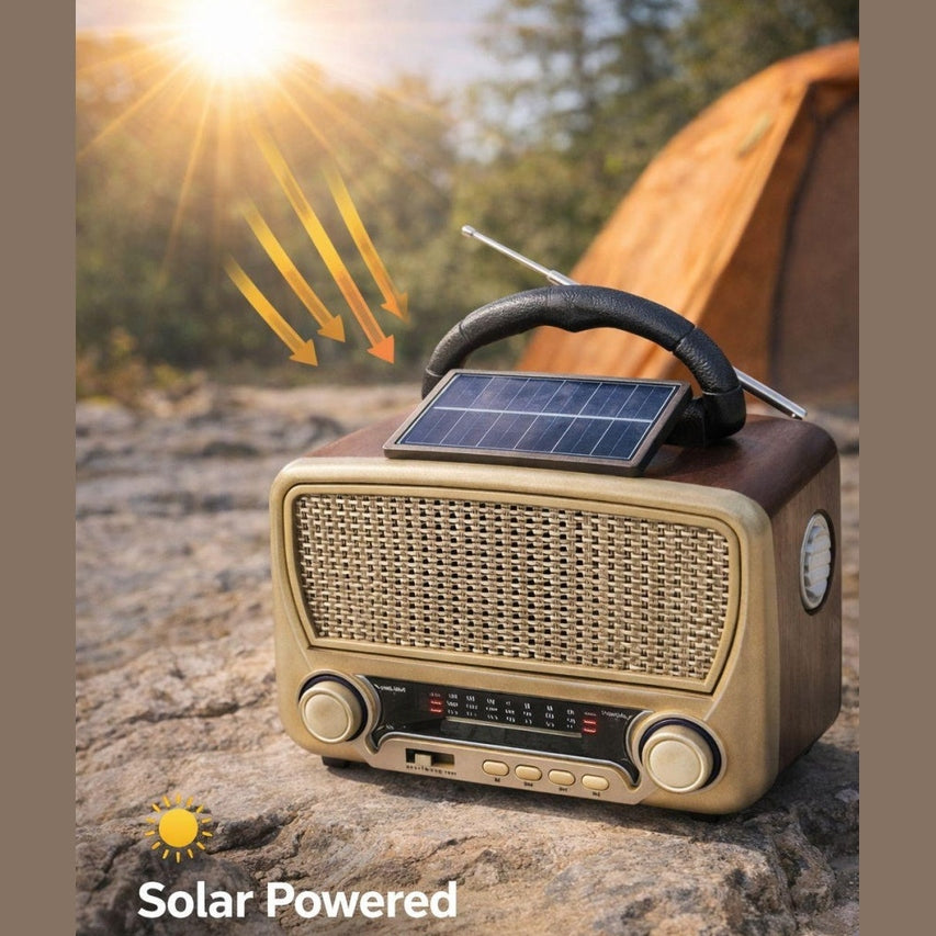 Radio portabil retro cu panou solar, Bluetooth, USB, FM/AM, acumulator reincarcabil