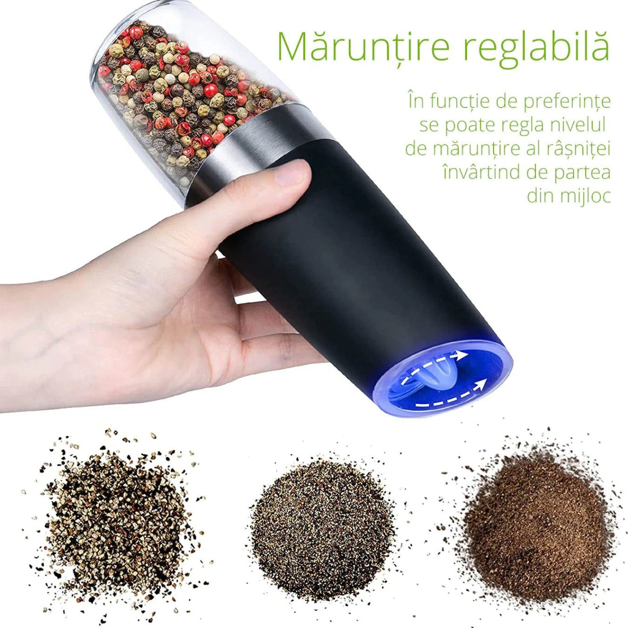 Râșniță electrică pentru sare și piper cu mărunțire reglabilă, alimentare 6 baterii AAA, 20 cm