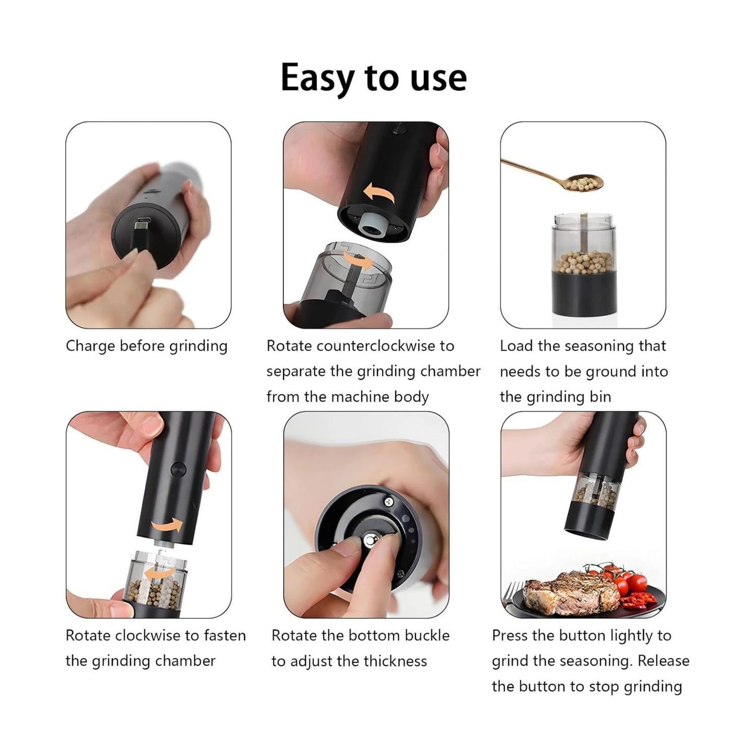 Râșniță electrică pentru sare și piper Jiji, din plastic, ajustare grosime, neagră