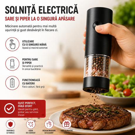 Râșniță Electrică pentru Sare și Piper, Neagră, 18 cm – Funcționare pe Baterii