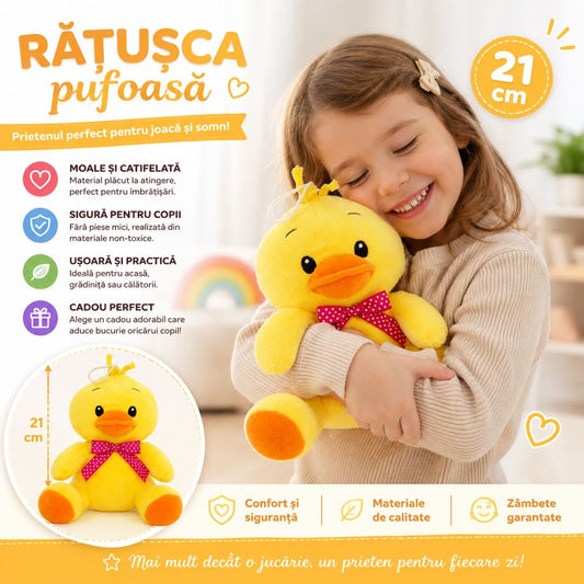 Rățușcă de Plus 21 cm – Jucărie de Pluș Moale și Catifelată pentru Copii, Cadou Adorabil pentru Somn și Joacă