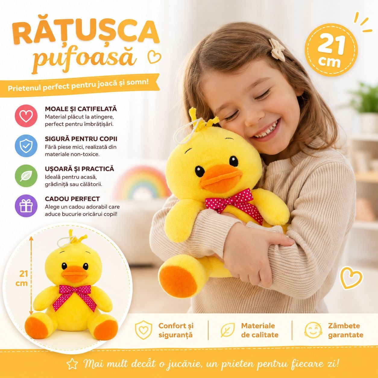 Rățușcă de Plus 21 cm – Jucărie de Pluș Moale și Catifelată pentru Copii, Cadou Adorabil pentru Somn și Joacă