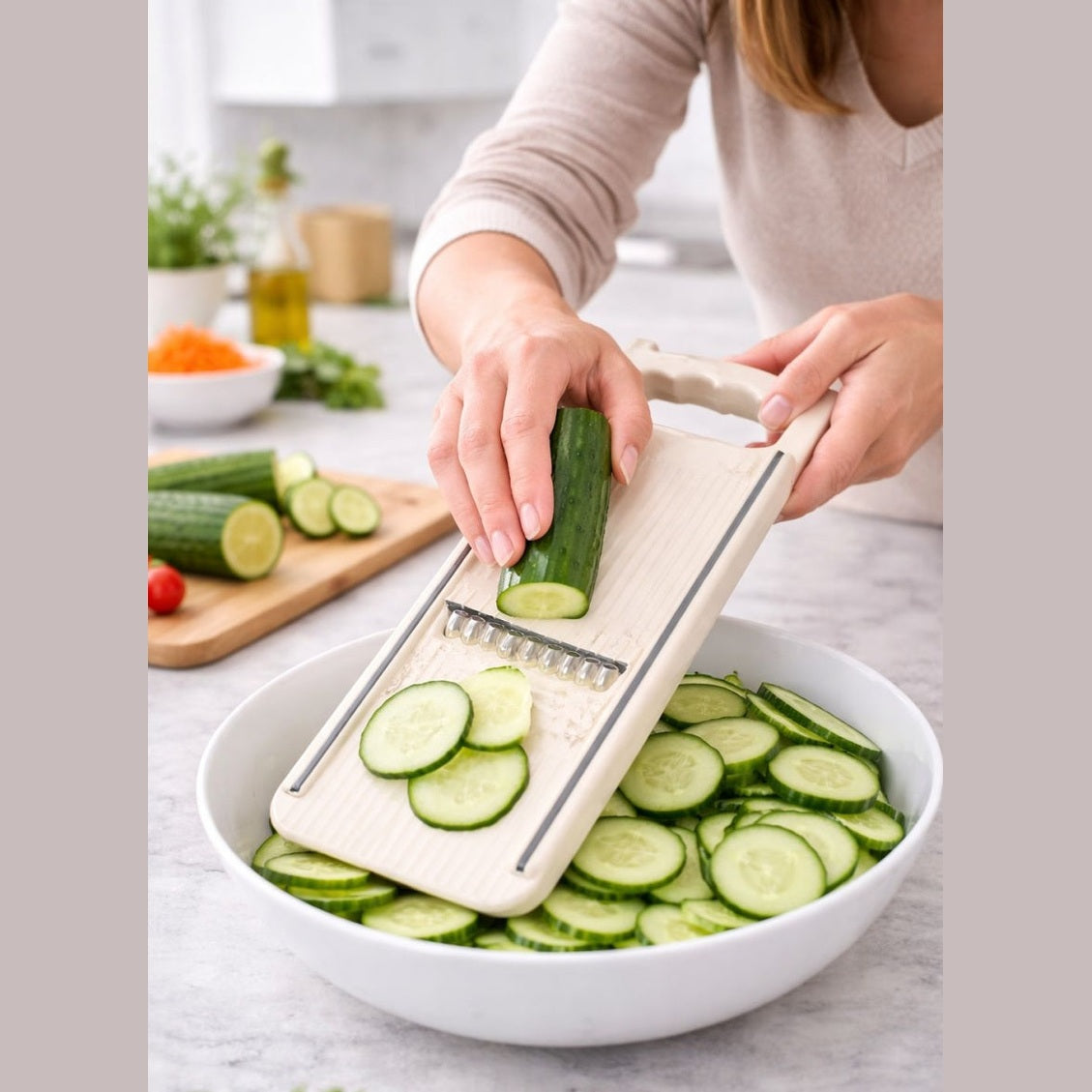 Răzătoare de bucătărie tip mandolină, plastic alb, control ergonomic