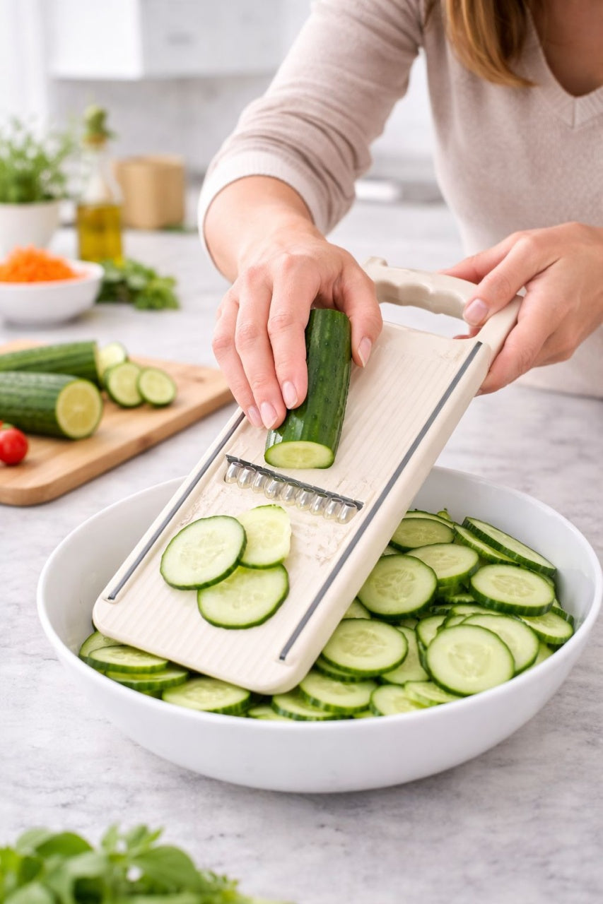 Răzătoare de bucătărie tip mandolină, plastic alb, control ergonomic