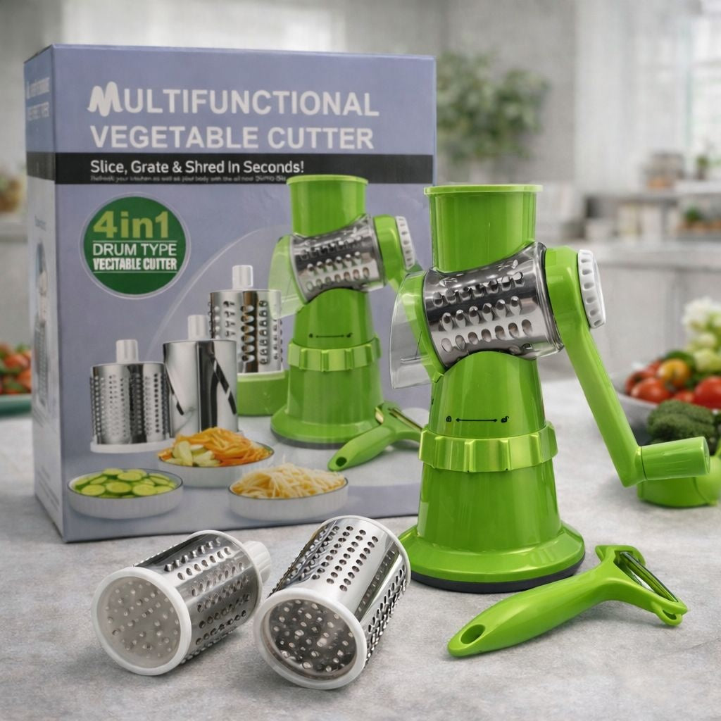 Razatoare manuala multifunctionala 4 in 1 pentru legume si fructe cu tamburi inox verde