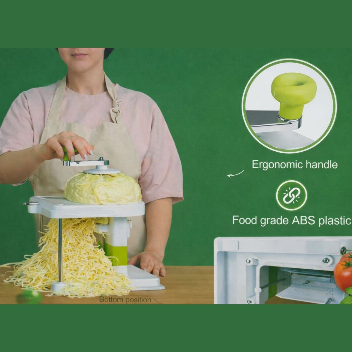 Răzătoare manuală pentru legume și varză cu manivelă și mâner ergonomic, alb