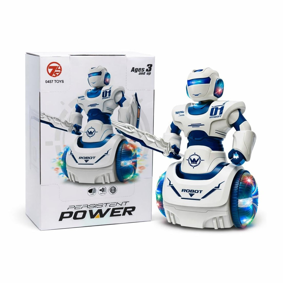 Robot interactiv cu lumini si sunete, miscare pe roti, alb cu albastru/rosu