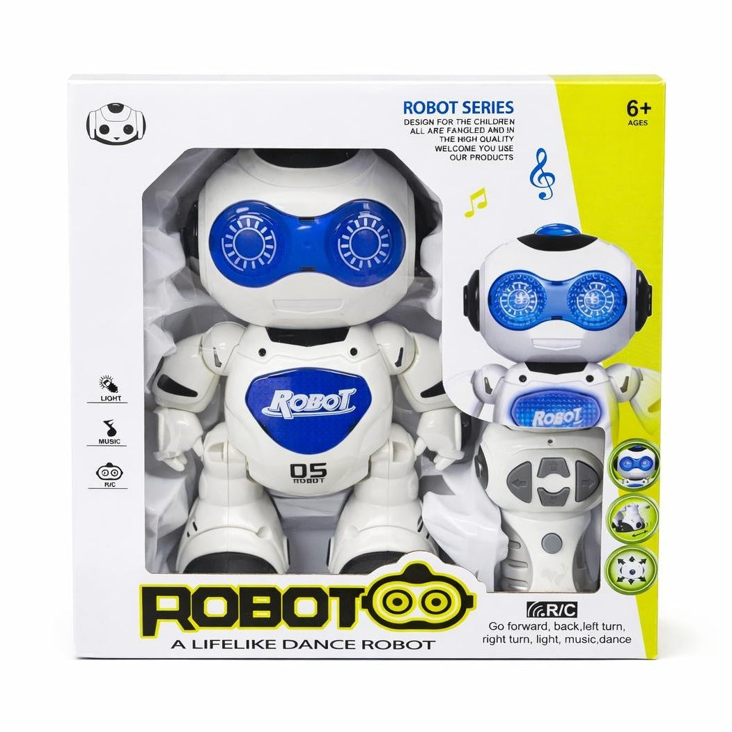 Robot interactiv radiocomandat, cu lumini si sunete, dansator, alb cu albastru