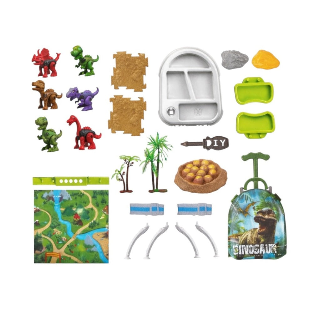 Rucsac cu temă dinozauri și accesorii, 2 dinozauri de asamblat, șurubelniță, hartă, 20,5x23,5x9,5 cm