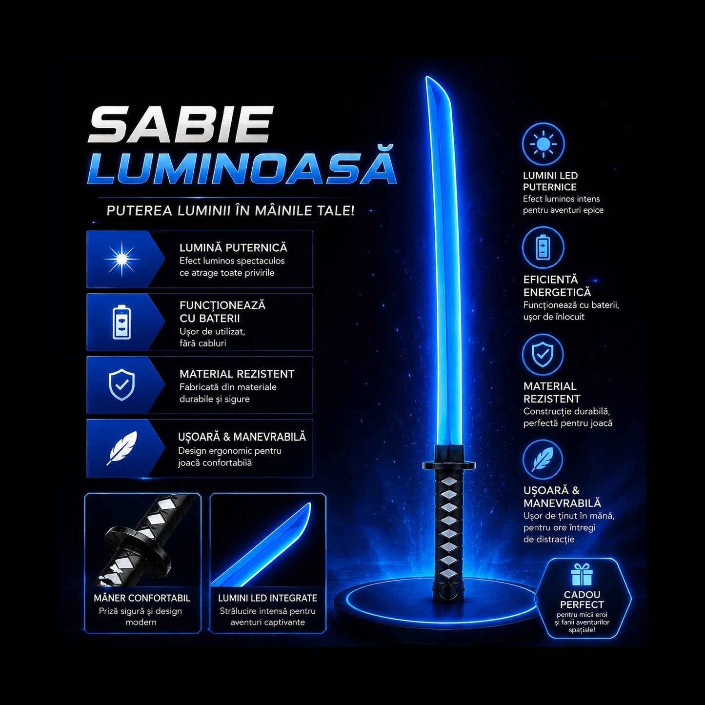 Sabie albastră cu teacă și lumini LED, 67 cm – sabie de jucărie din plastic pentru copii