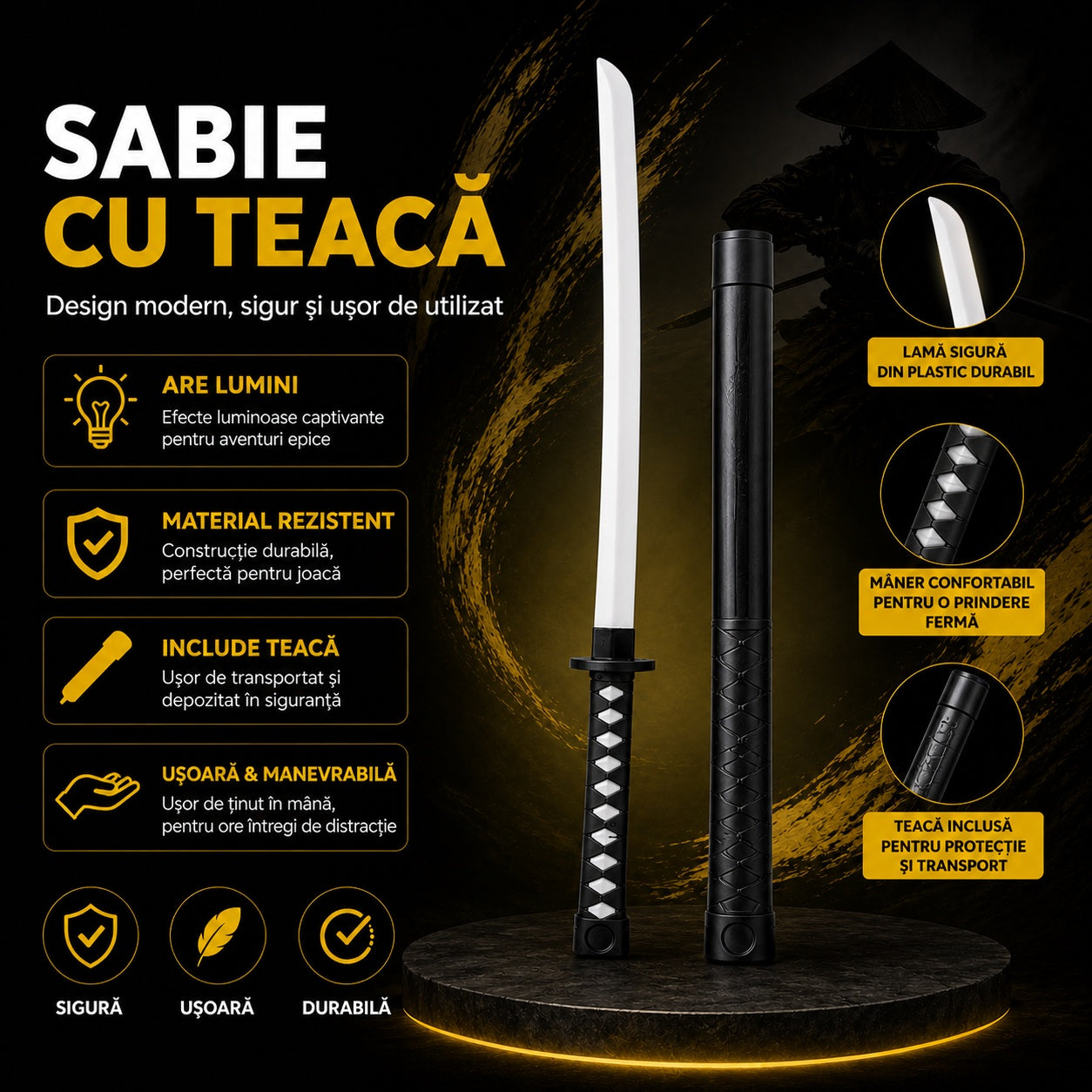 Sabie cu teacă și lumini LED, 67 cm – sabie de jucărie din plastic pentru copii