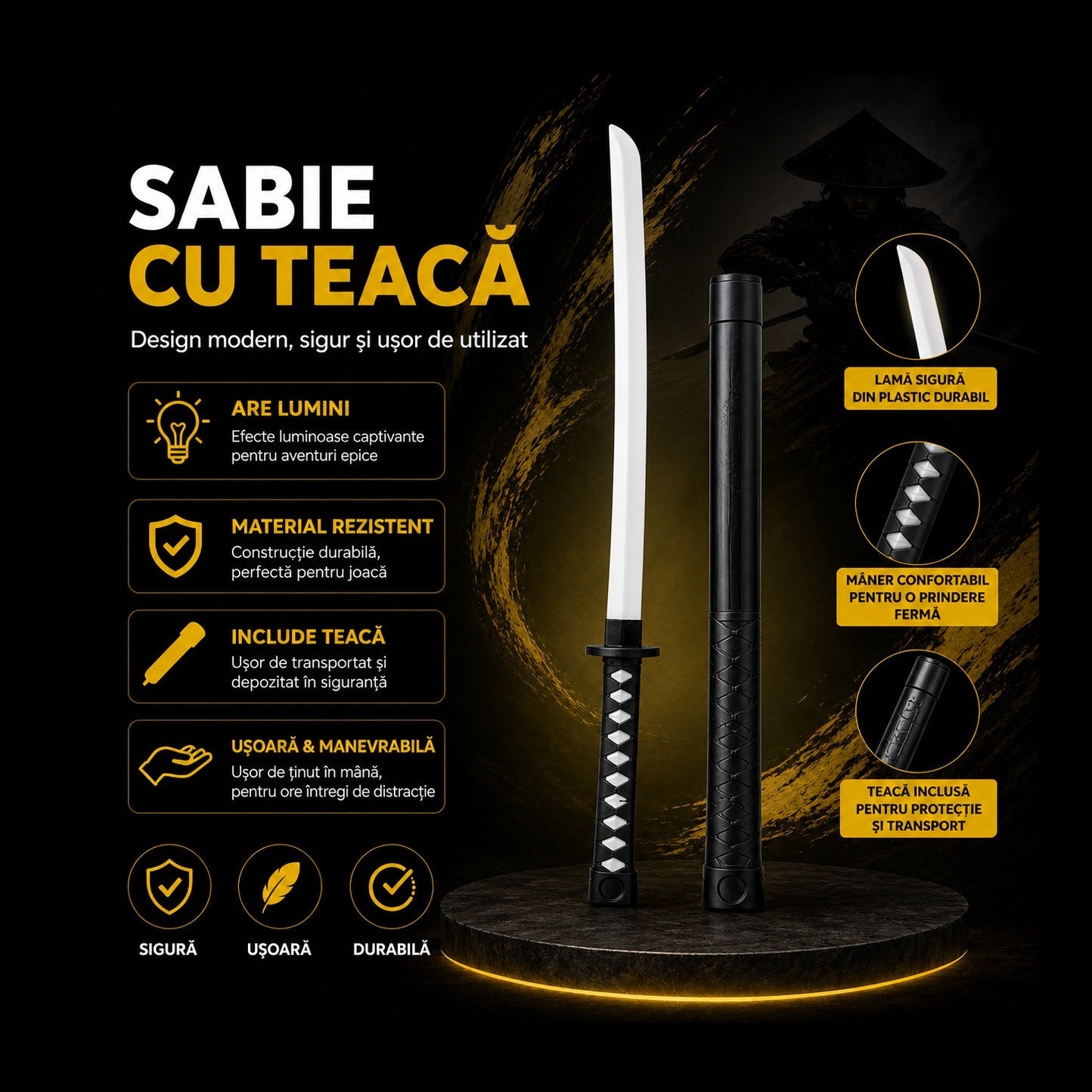 Sabie cu teacă și lumini LED, 67 cm – sabie de jucărie din plastic pentru copii