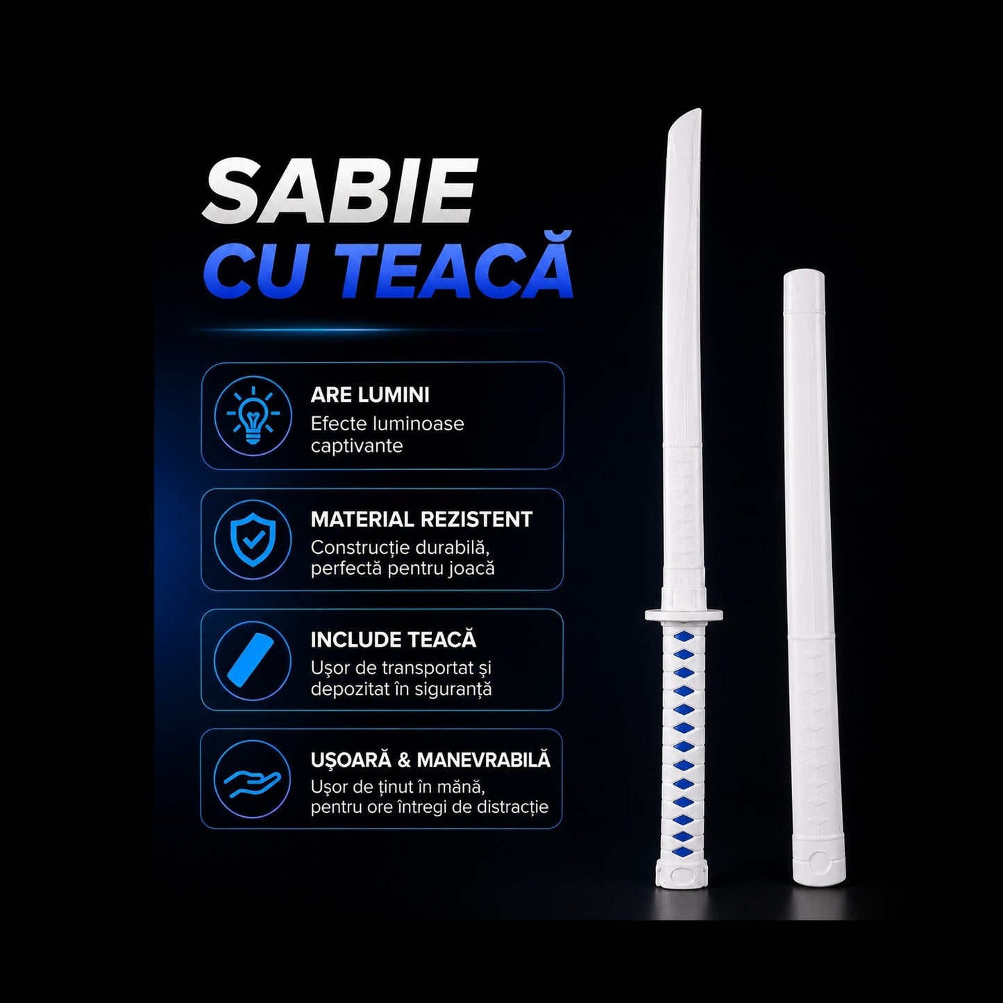 Sabie cu teacă și lumini LED, cu detalii albastre, 67 cm – sabie de jucărie din plastic