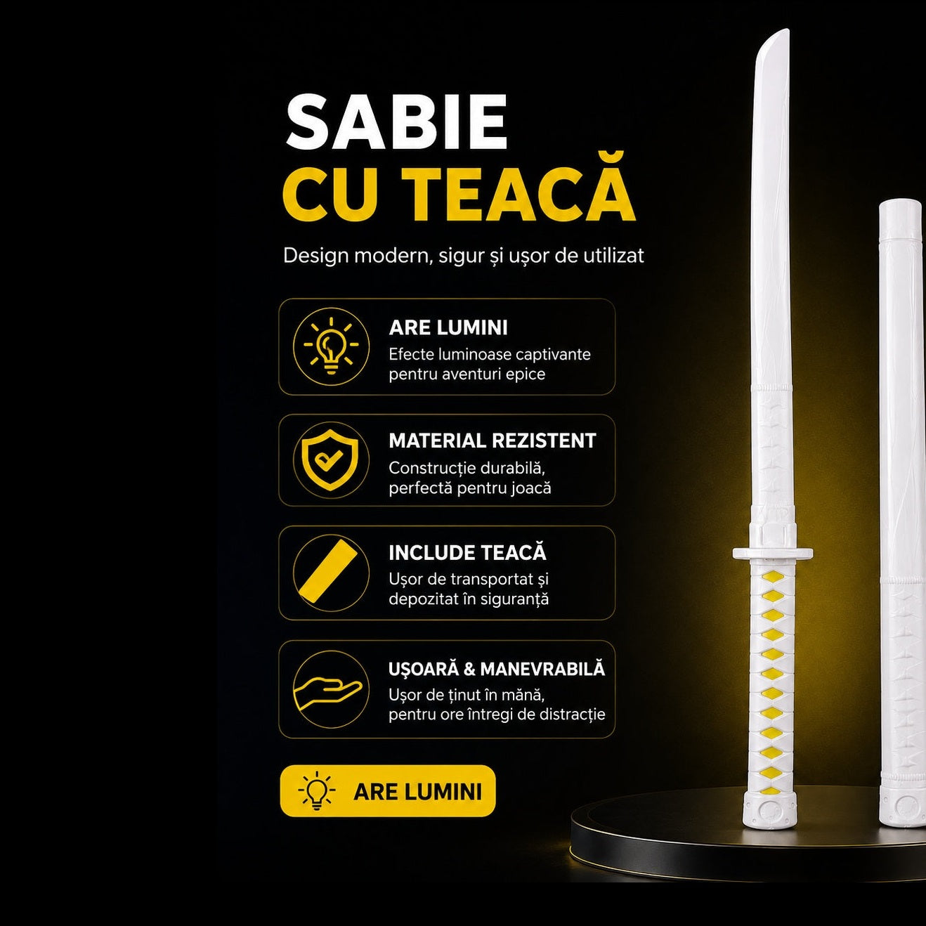 Sabie cu teacă și lumini LED, cu detalii galbene, 67 cm – sabie de jucărie din plastic