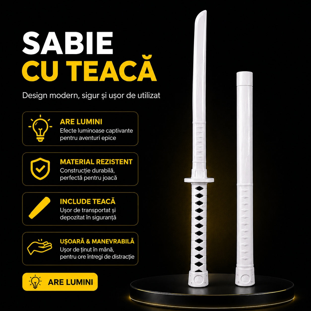 Sabie cu teacă și lumini LED, cu detalii negre, 67 cm – sabie de jucărie din plastic
