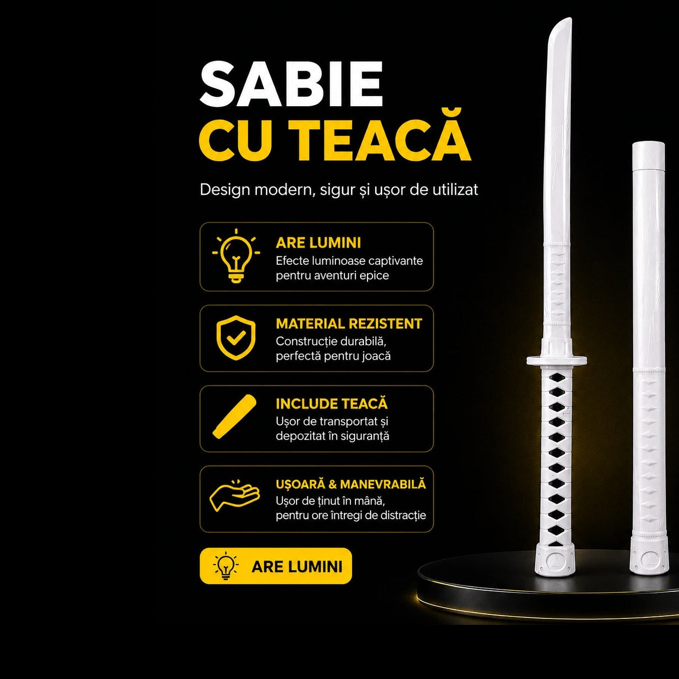 Sabie cu teacă și lumini LED, cu detalii negre, 67 cm – sabie de jucărie din plastic